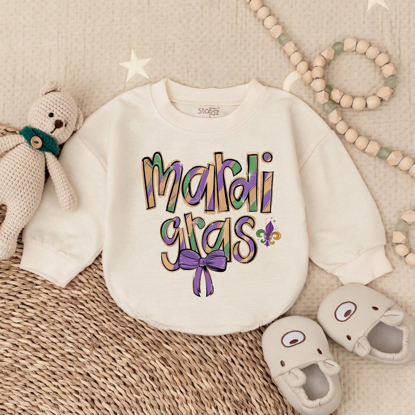 Festive Mardi Gras Baby Romper King Cake Design perfect for boy or girl Fat Tuesday party outfit newborn shower gift bodysuit clothes.