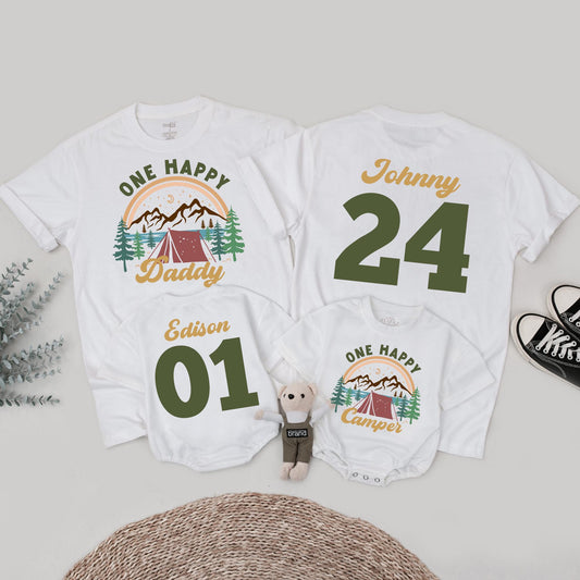 One Happy Camper Birthday Outfit Pastel Rainbow Moon Stars Tent Mountain Range Pine Trees Muted Brown Green Yellow Family Matching First Birthday Shirt Toddler Baby