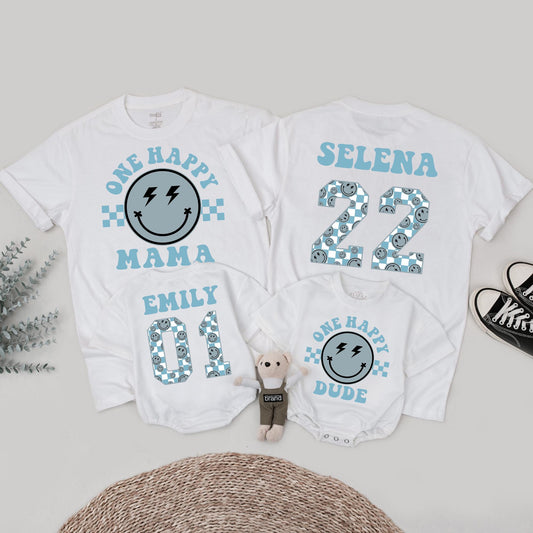 One Happy Dude 1st Birthday Outfit Matching Family Shirts Smiley Face Baby Boy Tee Muted Blue Lightning Bolt Eyes Cheerful Toddler Bodysuit Set