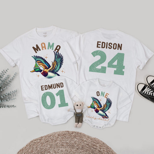 One Lucky Duck Birthday Matching Family Shirts, Vintage Duck 1st Birthday Party Outfits, Mallard Graphic Tees for Mama, Edison, and Edmund (139 chars)