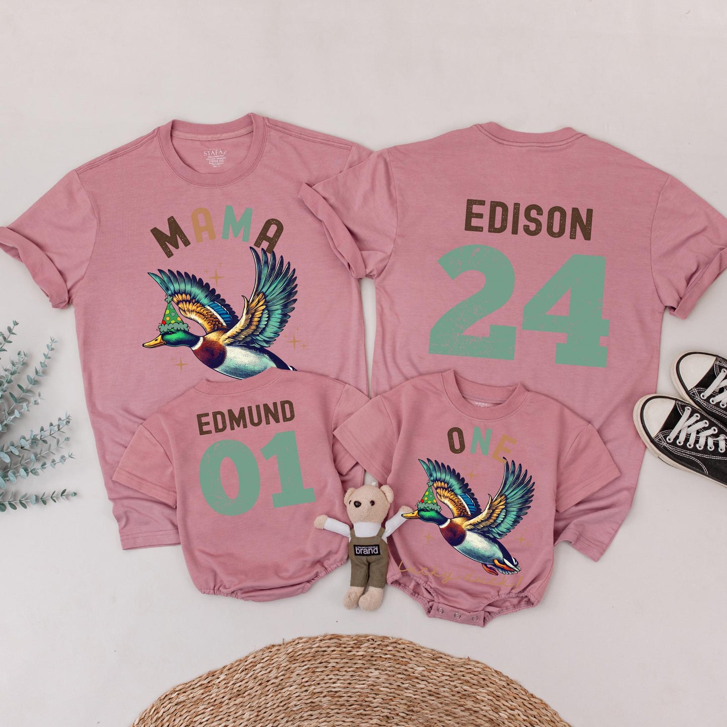 One Lucky Duck Birthday Matching Family Shirts, Vintage Duck 1st Birthday Party Outfits, Mallard Graphic Tees for Mama, Edison, and Edmund (139 chars)
