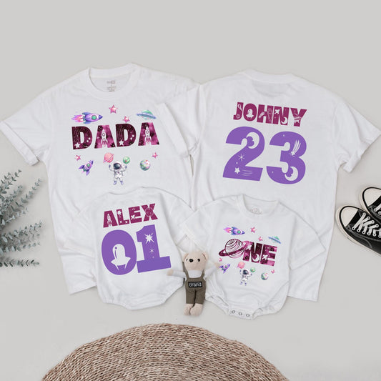 Personalized Space Birthday Family Matching T-Shirt, First Trip Around the Sun, Boy's 1st Birthday, Rocket & Planets, Custom Names Ages, Astronaut Tee