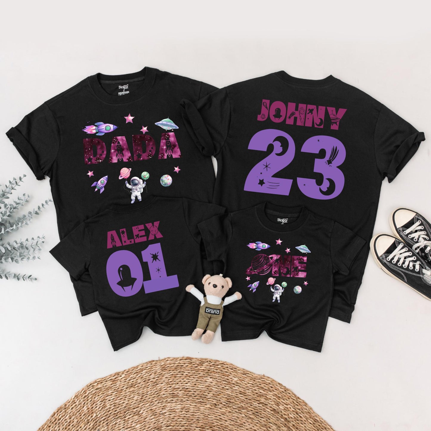 Personalized Space Birthday Family Matching T-Shirt, First Trip Around the Sun, Boy's 1st Birthday, Rocket & Planets, Custom Names Ages, Astronaut Tee