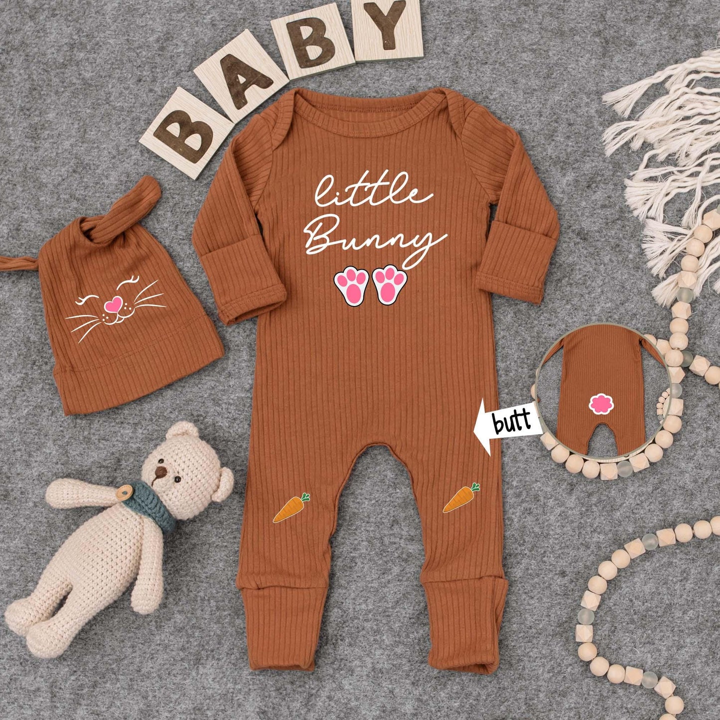 Adorable Little Bunny Baby Bodysuit and Hat Set for Newborn First Easter Day Going Home Outfit Gender Neutral Infant Honey Bunny Gift
