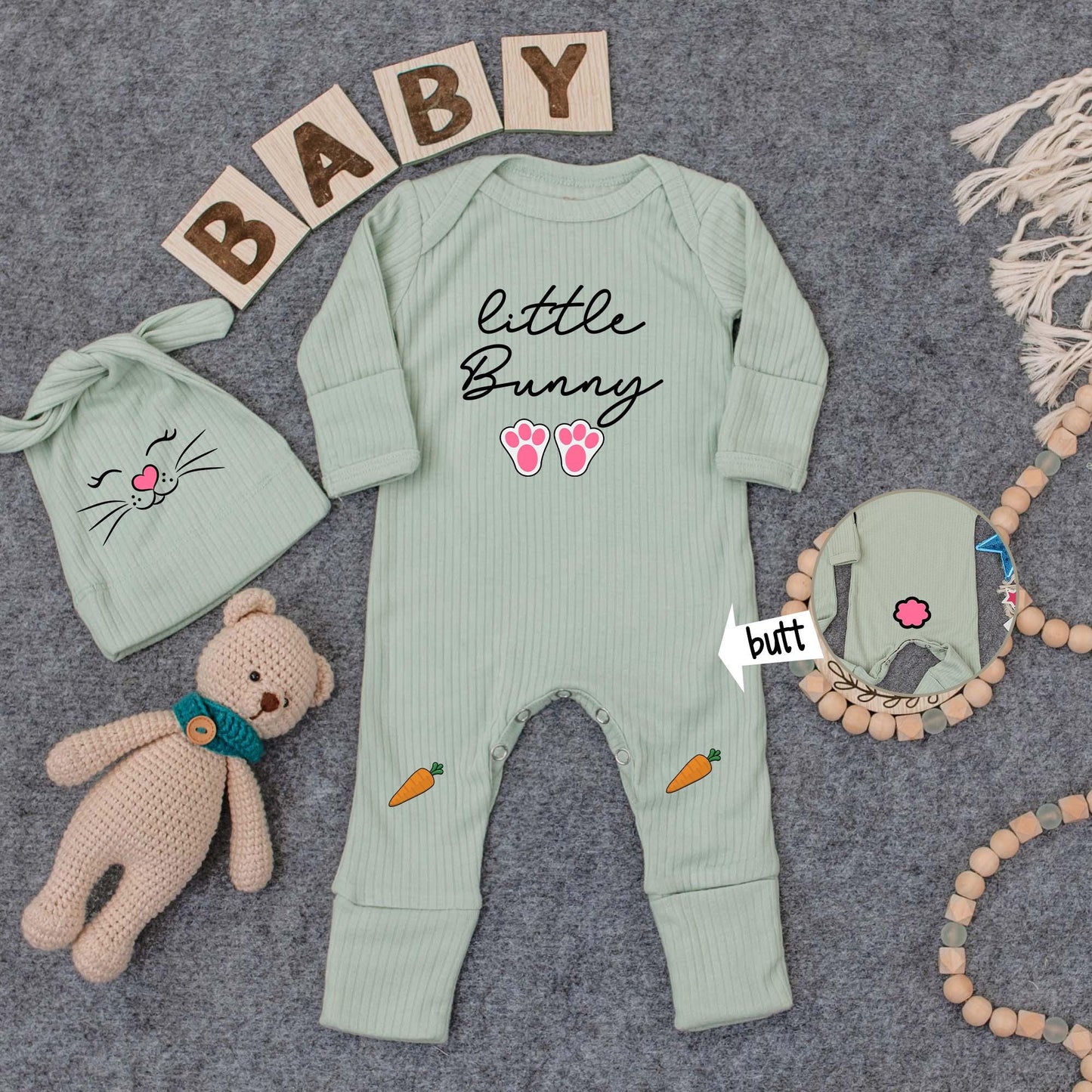 Adorable Little Bunny Baby Bodysuit and Hat Set for Newborn First Easter Day Going Home Outfit Gender Neutral Infant Honey Bunny Gift