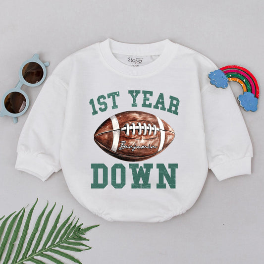 Football First Birthday Romper for Baby Boy, Personalized 1st Year Down Outfit, Football Birthday Party, Newborn Coming Home Gift