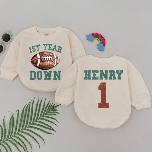 First Year Down Birthday Romper for Baby Boys, Football 1st Birthday Outfit, Newborn Bodysuit, Sports Party Clothes