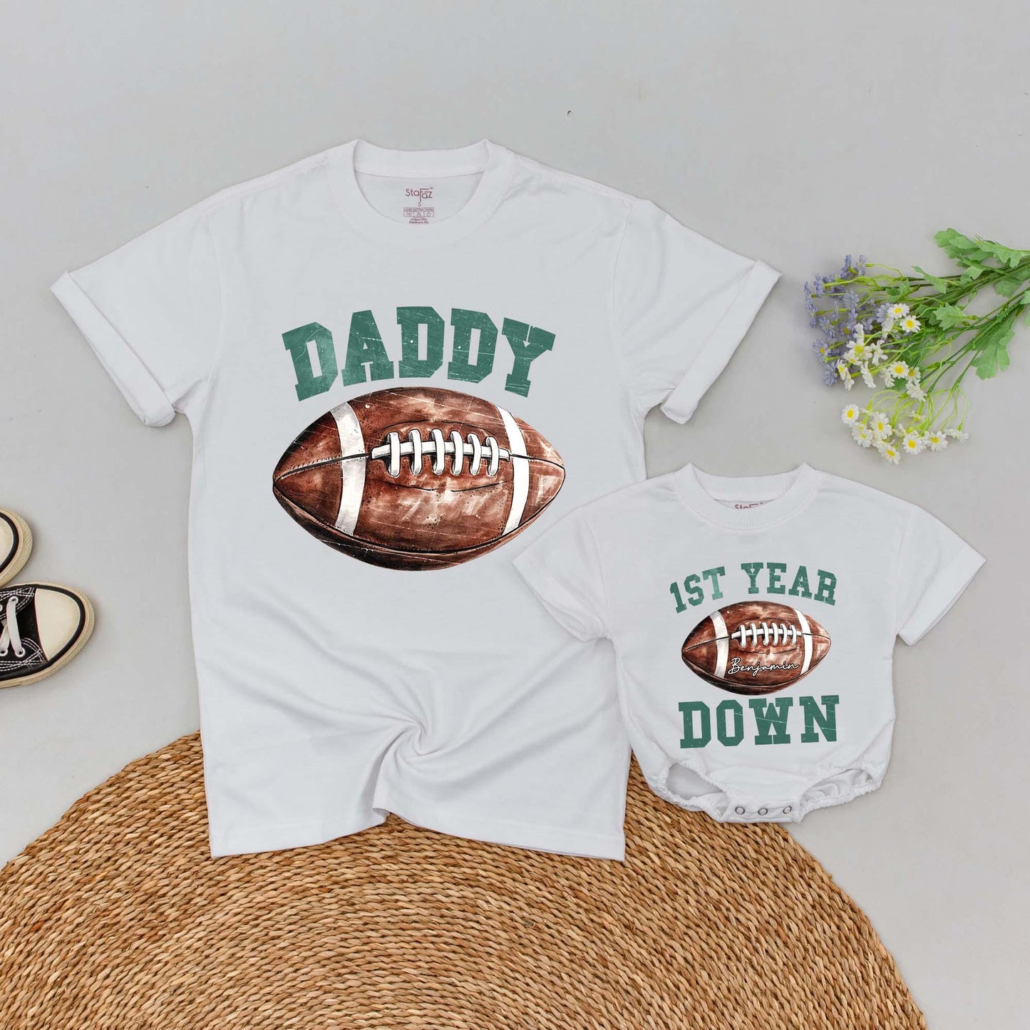Personalized Football 1st Birthday Family T-Shirt & Romper Set, Custom First Year Down Party Outfit, Football Birthday Tee Boy