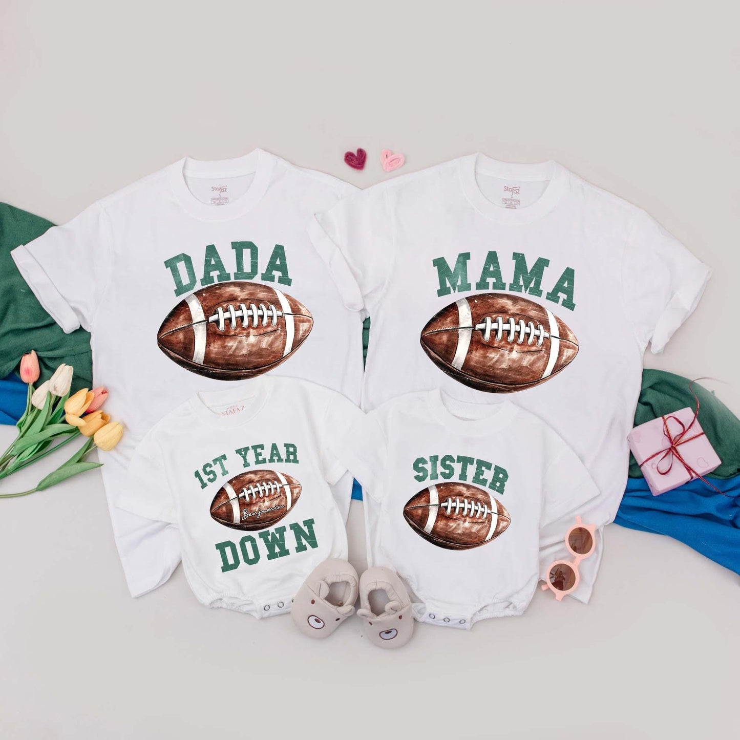 Personalized Football 1st Birthday Family T-Shirt & Romper Set, Custom First Year Down Party Outfit, Football Birthday Tee Boy