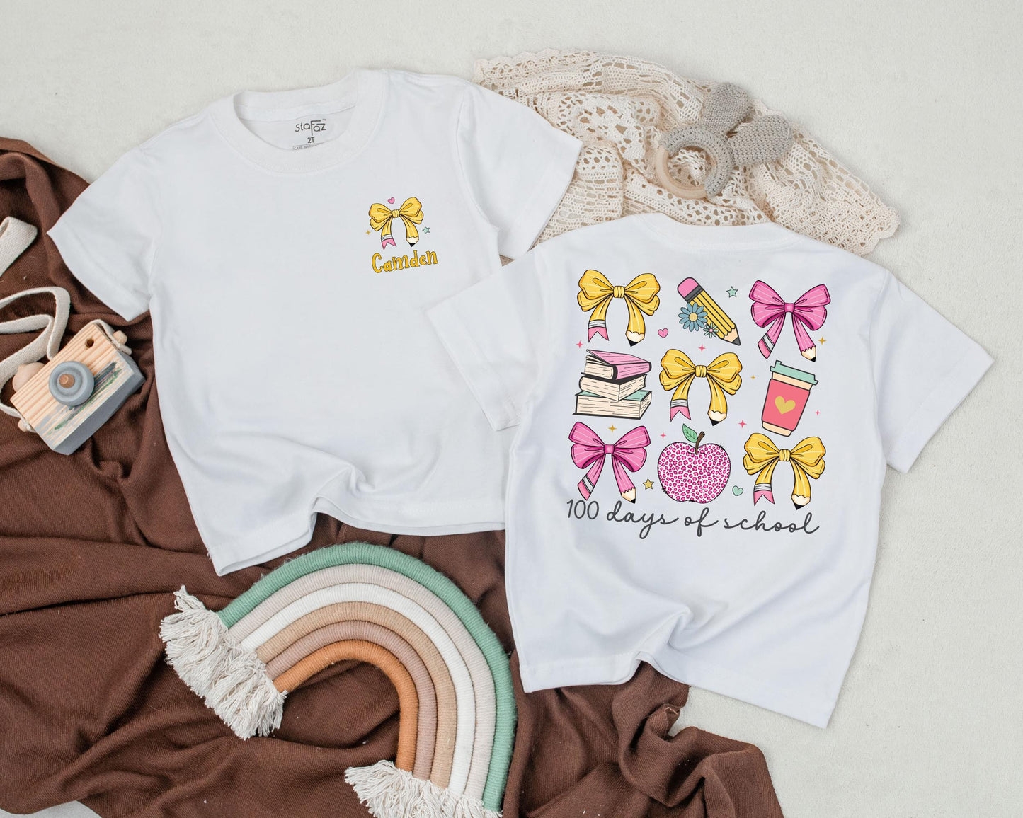 100 Days of School Cute Pencil Shirt Personalized Name Back to School Kindergarten Rainbow Apple Kids Tee