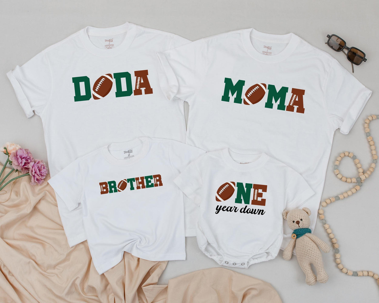 First Birthday Football Family Shirts Doda Moma Soster ONE year down Baby Boy Matching Dad Green Brown Football Stitching