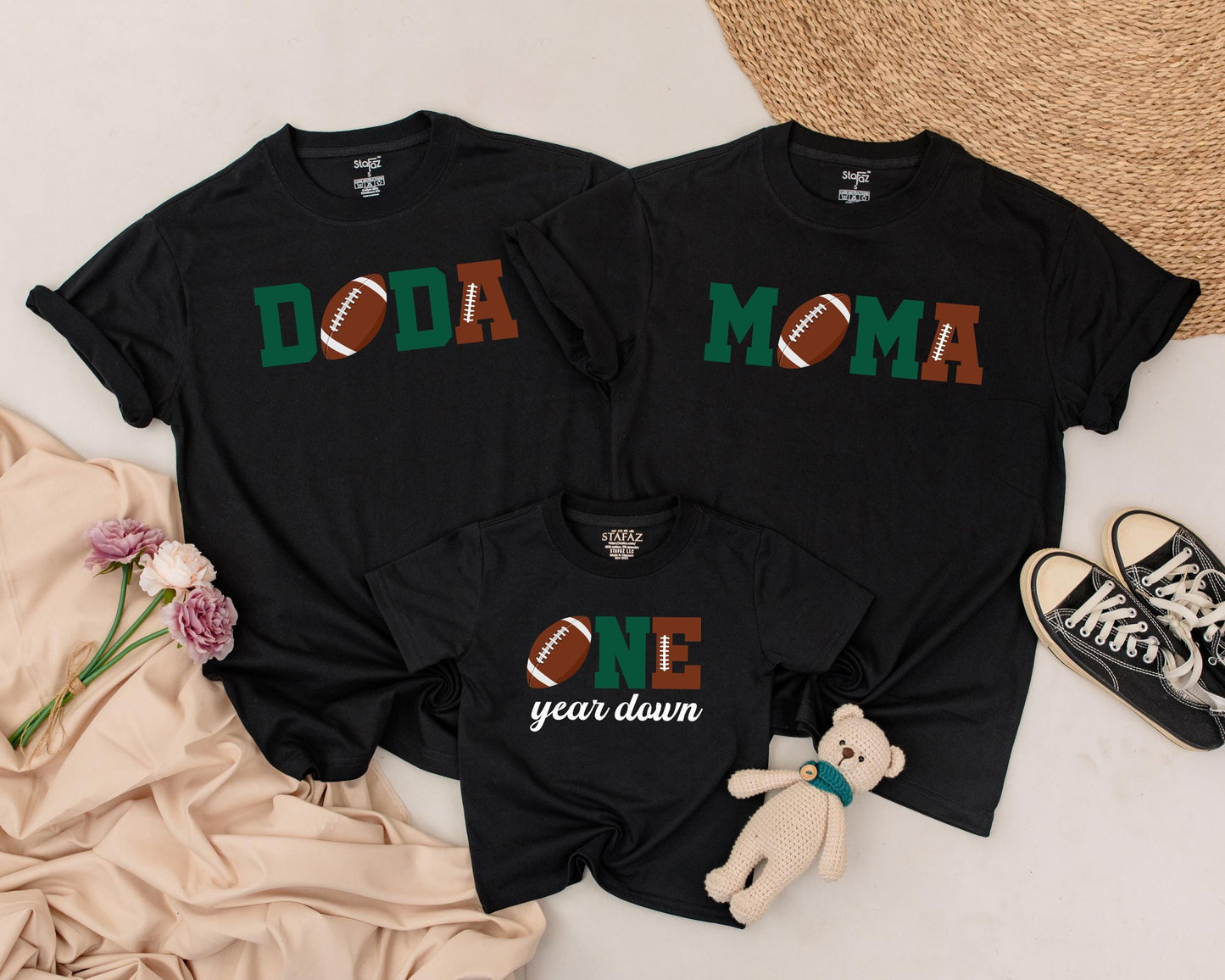 First Birthday Football Family Shirts Doda Moma Soster ONE year down Baby Boy Matching Dad Green Brown Football Stitching