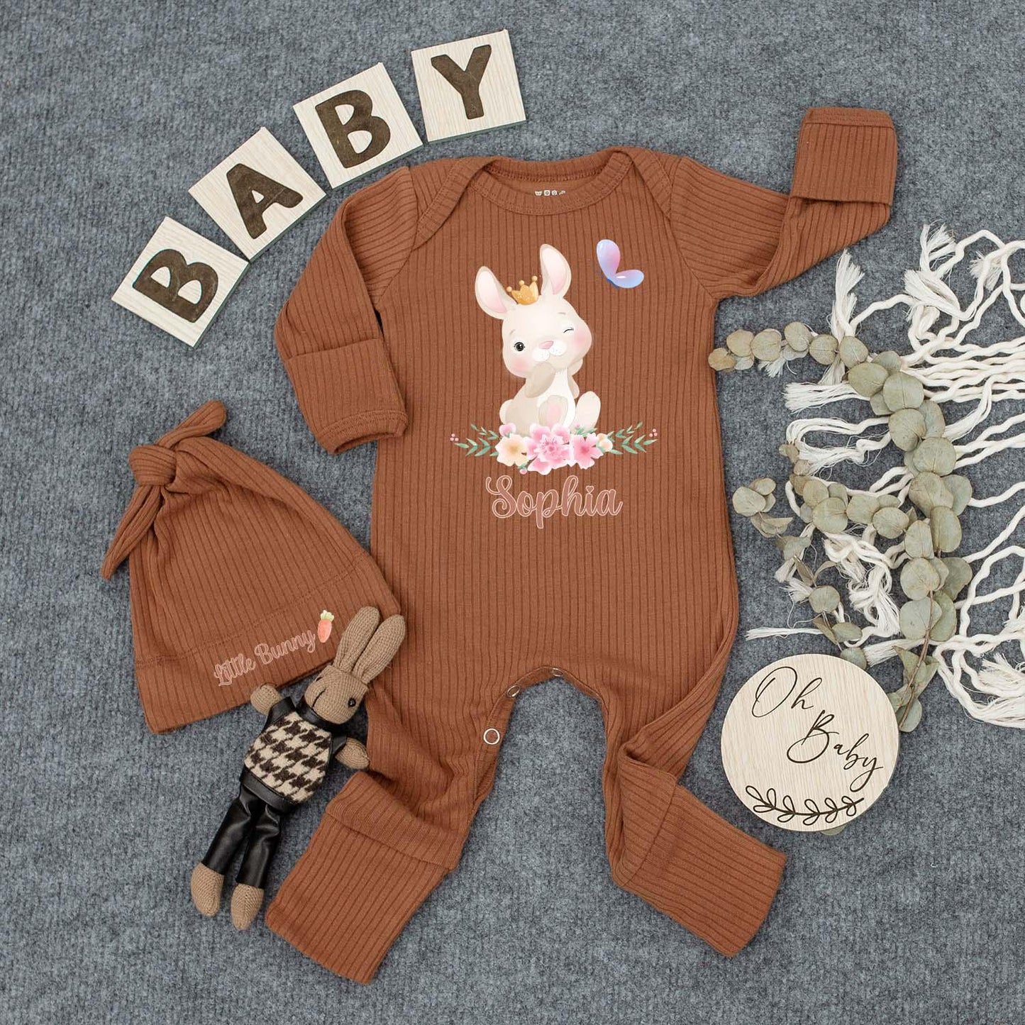 Sophia's Bunny & Crown Baby Bodysuit Set, Personalized Floral Outfit, Honey Bunny Newborn Gift, Easter Day Bodysuit, Custom Baby Clothes, Girl Outfit