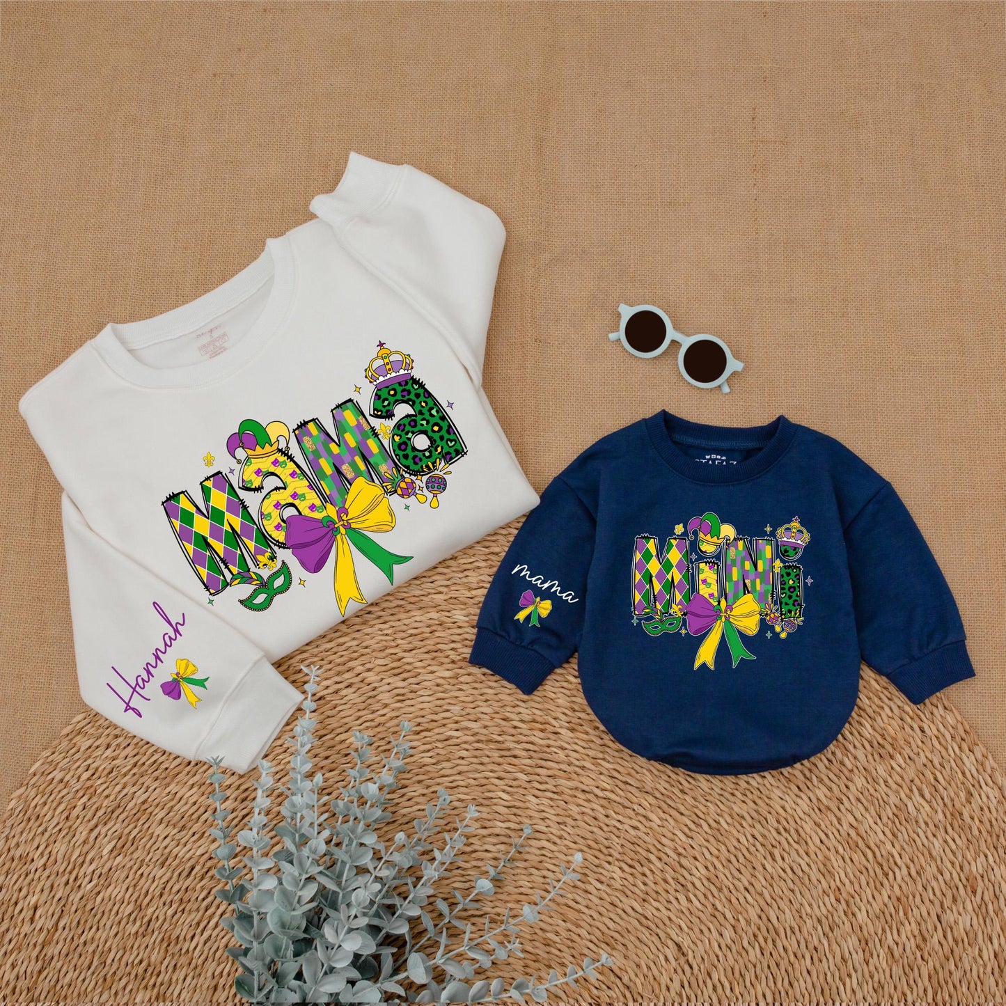Personalized Mardi Gras Mama and Mini Sweatshirt Matching Family Sweaters Custom Mom Baby Gifts