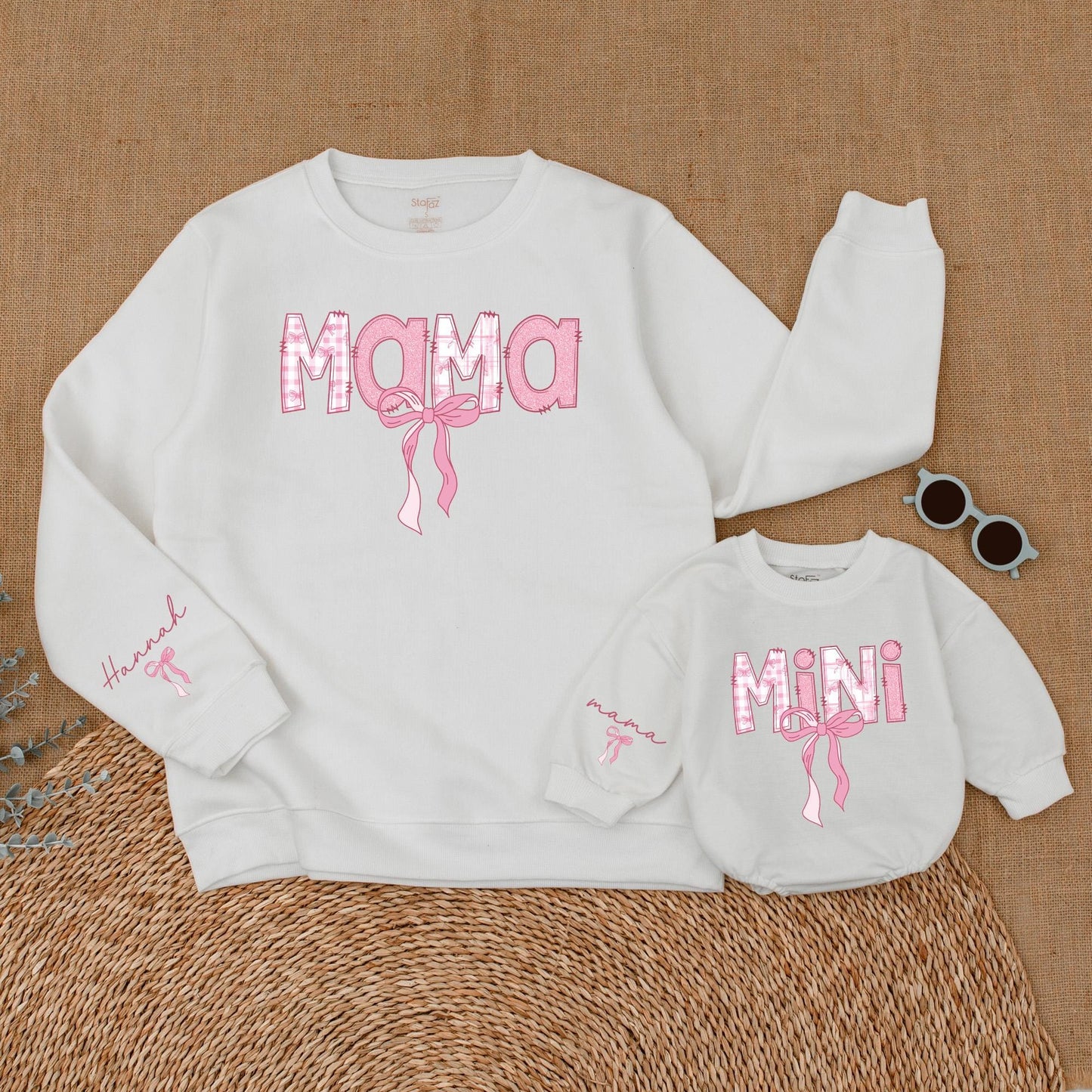 Personalized Pink Bow Mama and Mini Matching Sweatshirt Comfortable Mother Daughter Soft Warm Sweater Gift for Moms and Babies