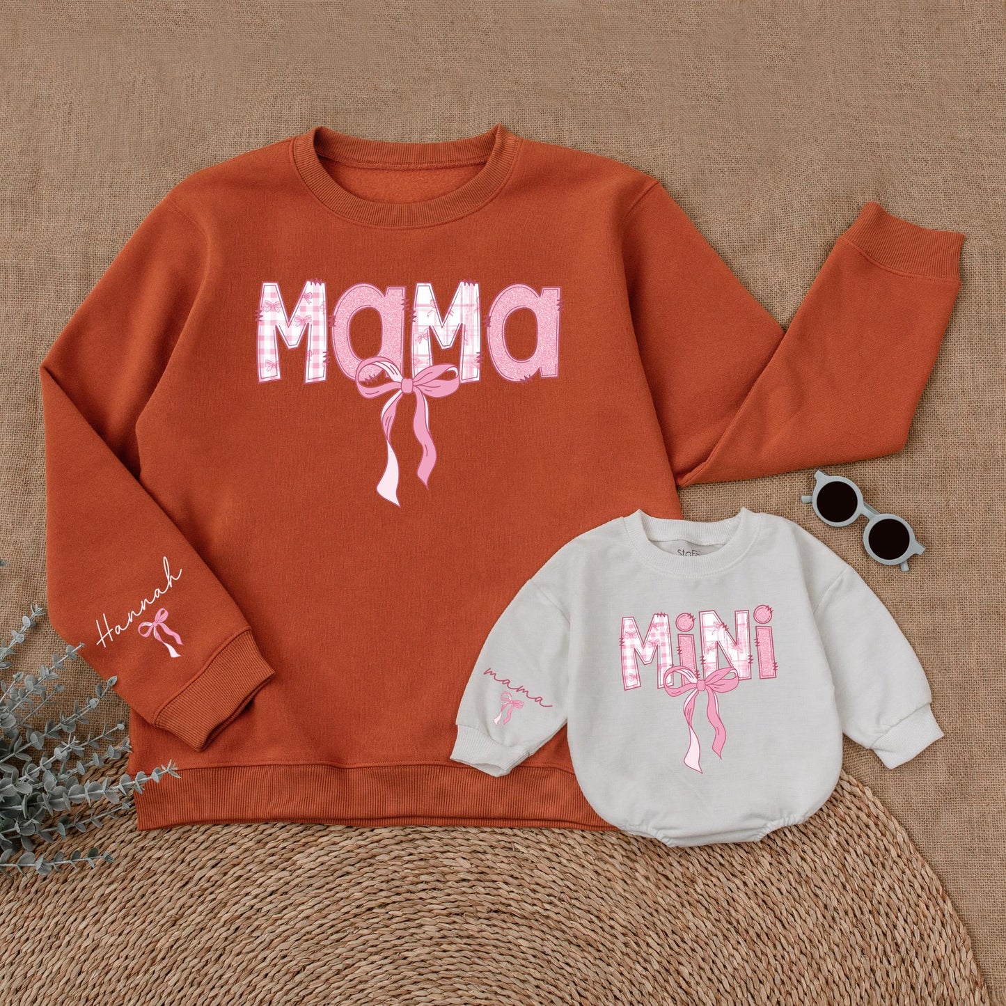 Personalized Pink Bow Mama and Mini Matching Sweatshirt Comfortable Mother Daughter Soft Warm Sweater Gift for Moms and Babies