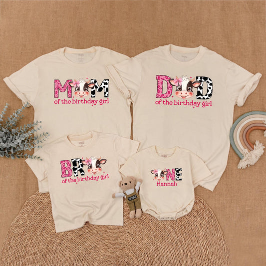 Matching Cow Print Birthday Shirts for Girls: MOM, DAD, SIS, ONE Farm Birthday Girl Outfit - Western Theme, Baby Girl First Birthday