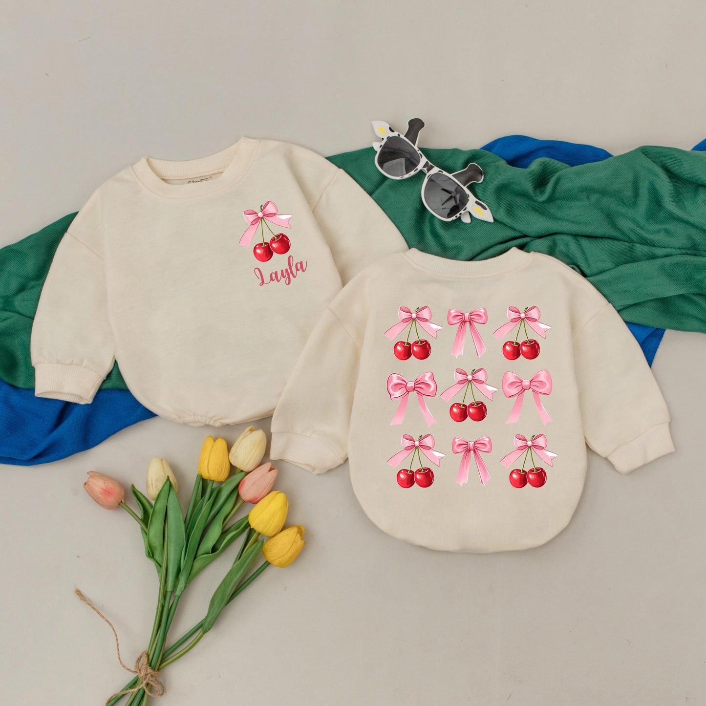 Sweet Cherries Cherry Pink Bow Romper Baby Girl Bodysuit Personalized First Birthday Outfit Custom Newborn Shower Gift