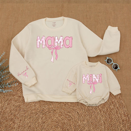 Personalized Pink Bow Mama and Mini Matching Sweatshirt Comfortable Mother Daughter Soft Warm Sweater Gift for Moms and Babies