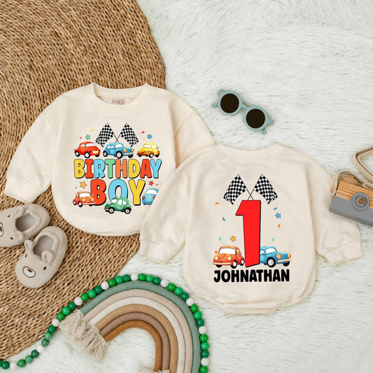 Birthday Boy Cars Bubble Romper Personalized Vehicles Gift Custom Name First Birthday Outfit for Toddler Baby Boy Cotton Comfortable Celebration