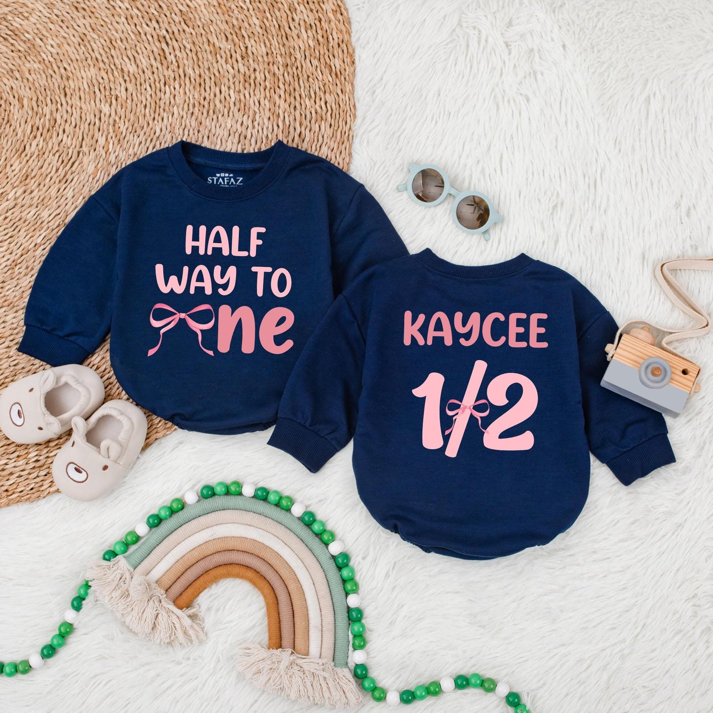 Personalized Halfway to One Bow Bubble Romper Baby Girl Outfit, Lucky Duck 1st Birthday Custom Name, First Birthday Gift