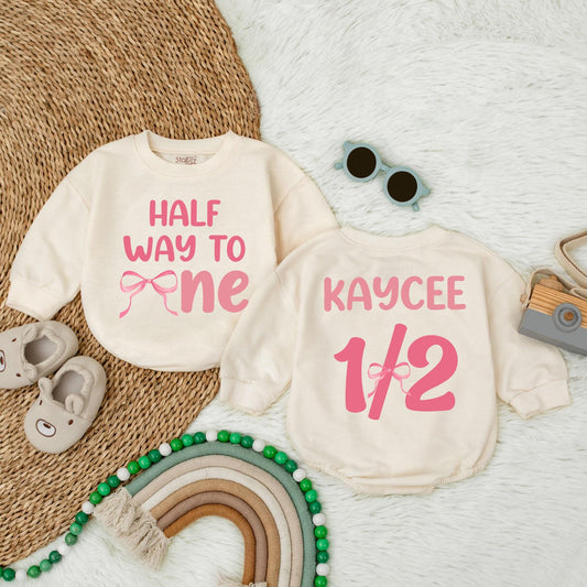 Personalized Halfway to One Bow Bubble Romper Baby Girl Outfit, Lucky Duck 1st Birthday Custom Name, First Birthday Gift