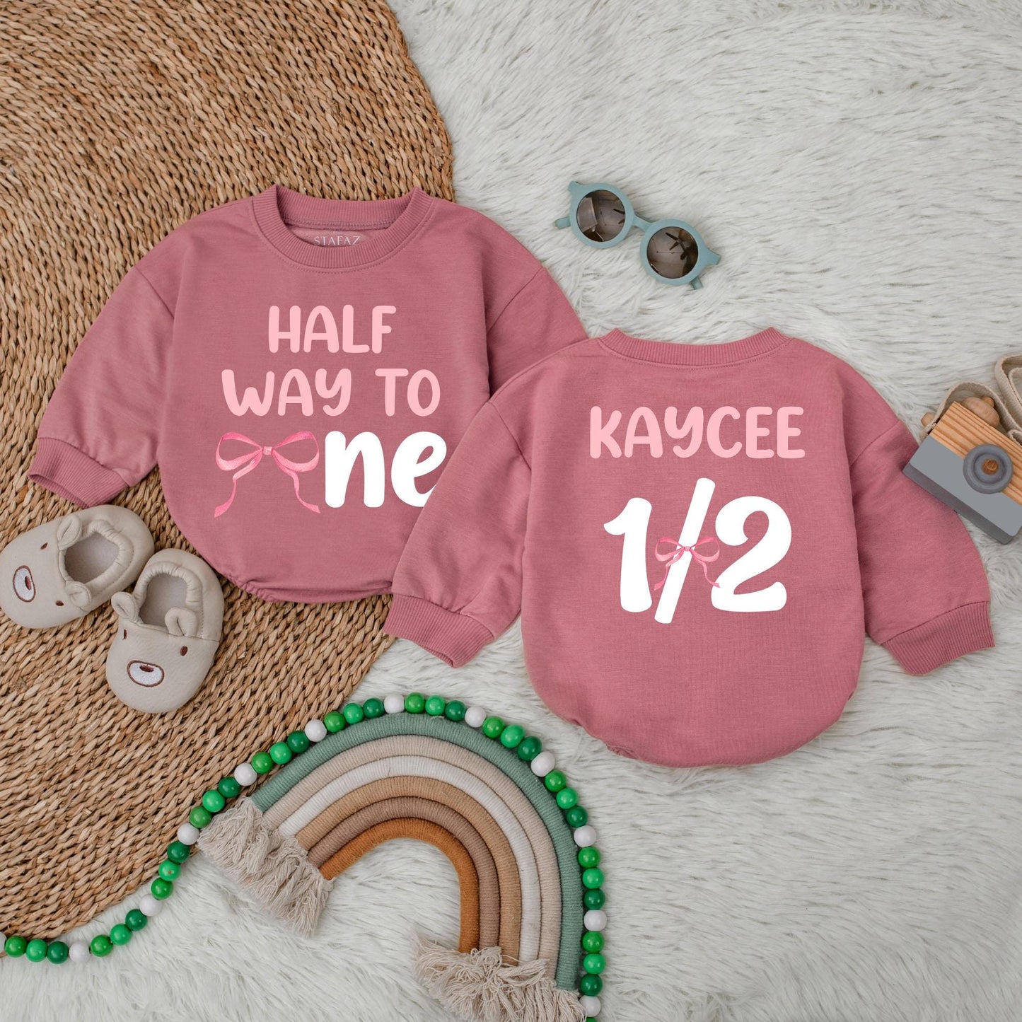 Personalized Halfway to One Bow Bubble Romper Baby Girl Outfit, Lucky Duck 1st Birthday Custom Name, First Birthday Gift