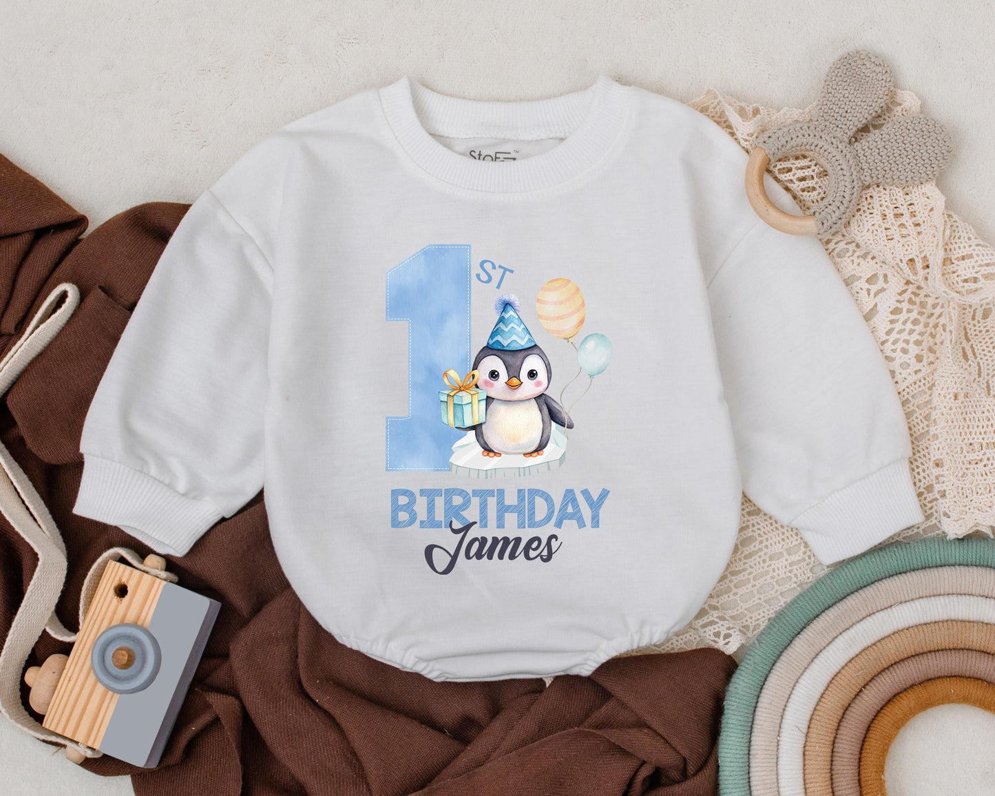 Personalized Name Penguin Birthday Romper for Baby Boy First Birthday The Big One Outfit Penguin Baby Clothes