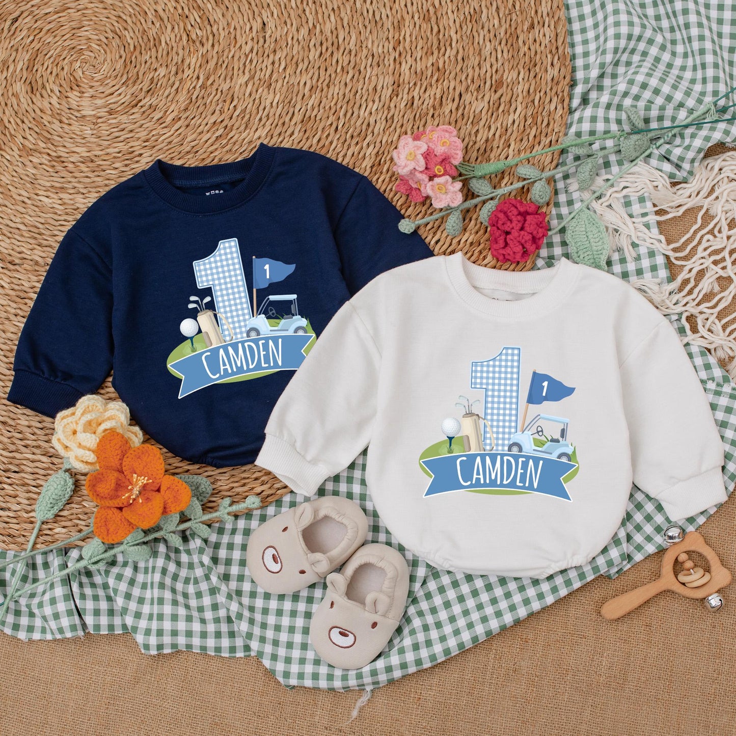 Personalized Golf Hole in One Baby Romper for First Birthday Boy Golf Outfit Newborn Bubble