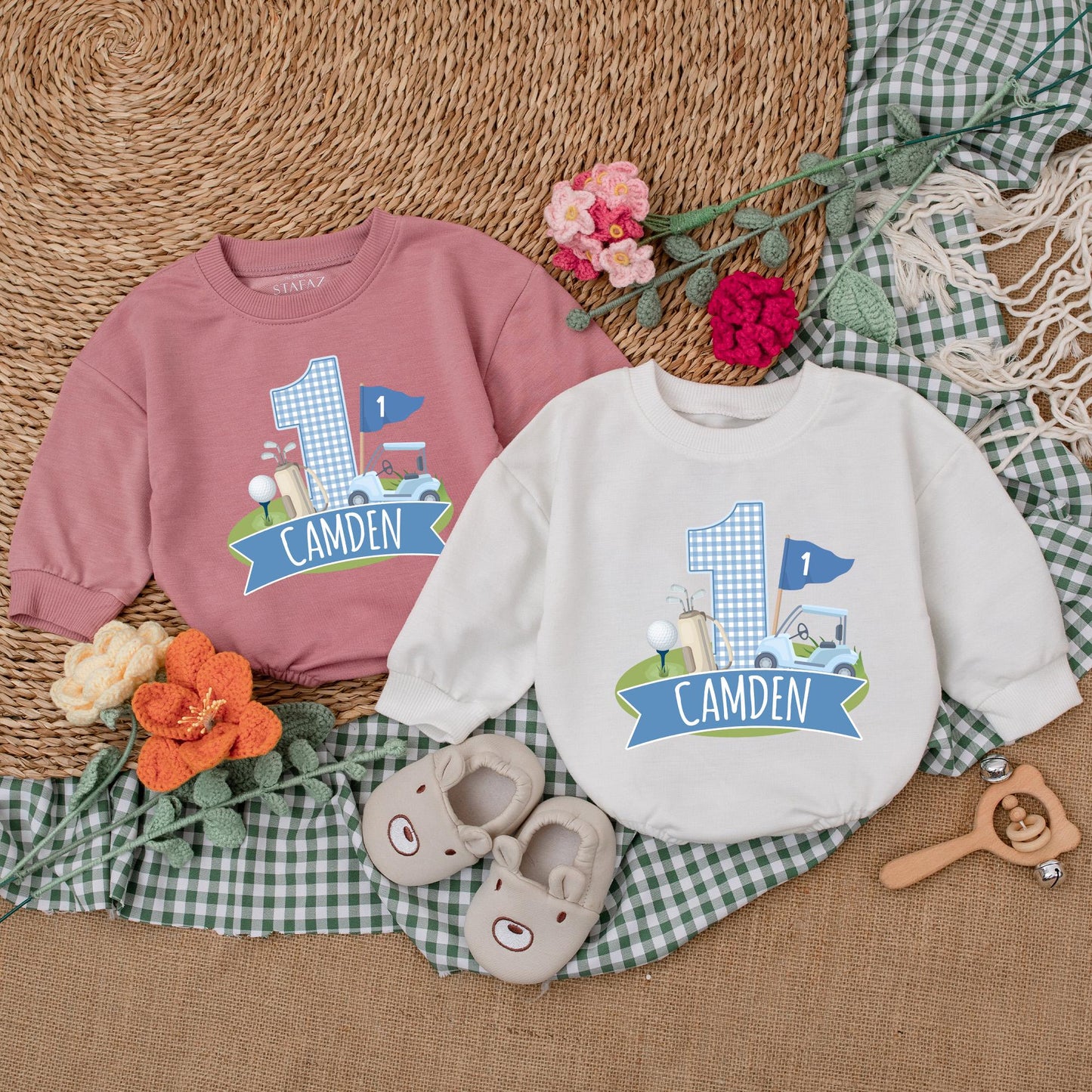 Personalized Golf Hole in One Baby Romper for First Birthday Boy Golf Outfit Newborn Bubble