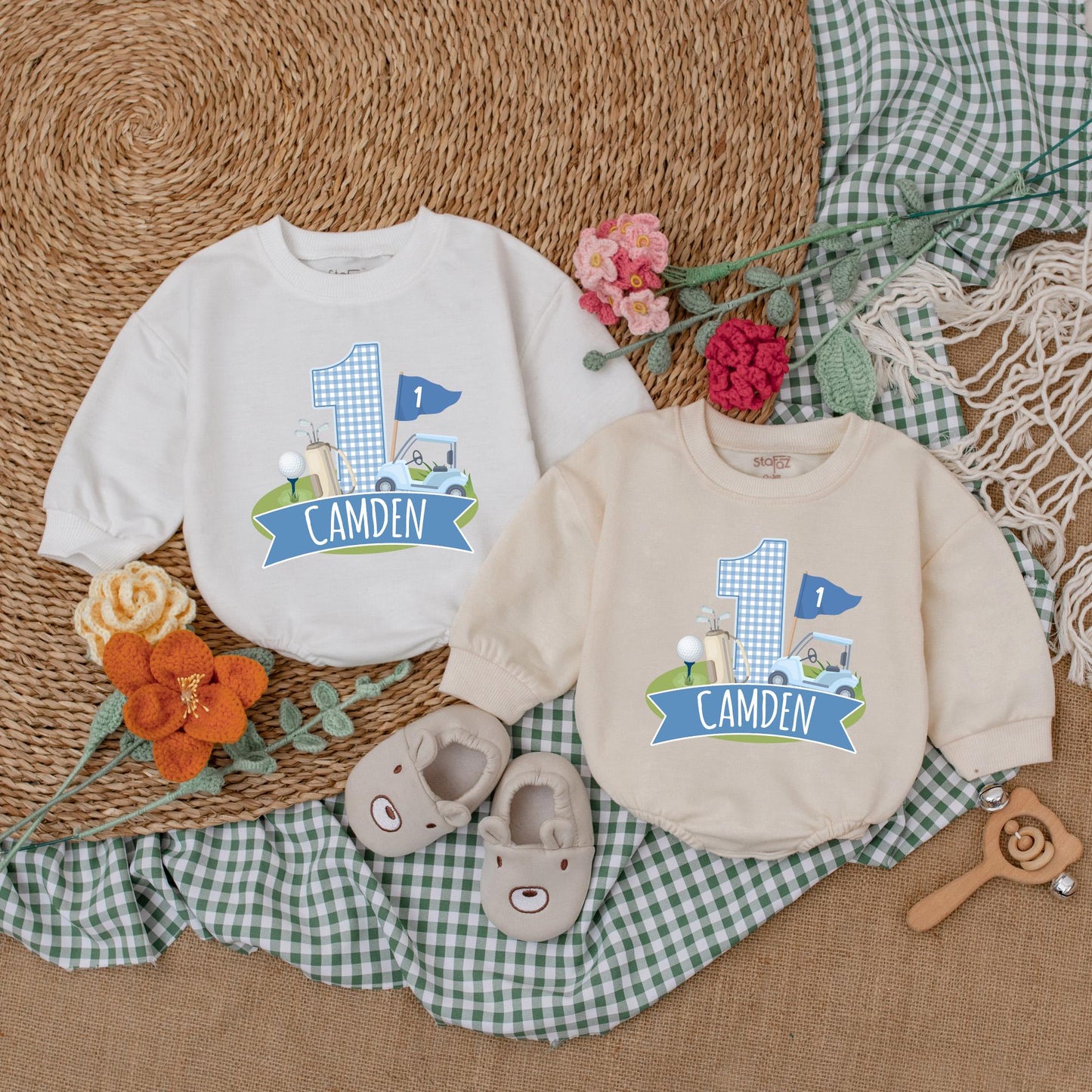 Personalized Golf Hole in One Baby Romper for First Birthday Boy Golf Outfit Newborn Bubble