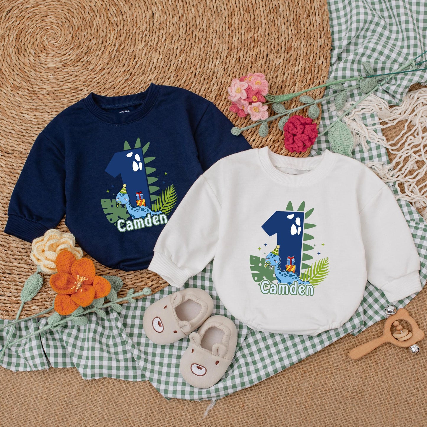 One-A-Saurus Personalized Dinosaur Birthday Romper for Baby Boy, 1st Birthday Outfit, Custom Golf Design Bubble Romper Gift