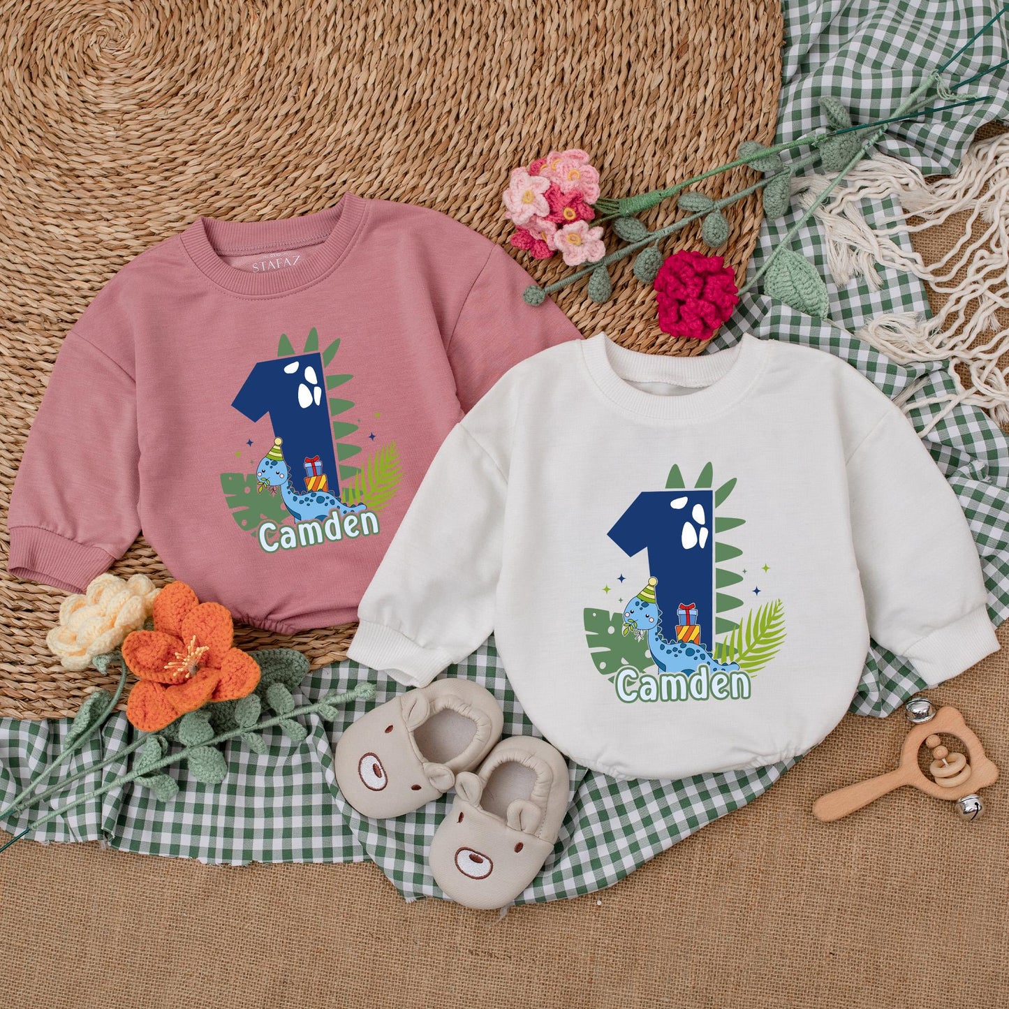 One-A-Saurus Personalized Dinosaur Birthday Romper for Baby Boy, 1st Birthday Outfit, Custom Golf Design Bubble Romper Gift