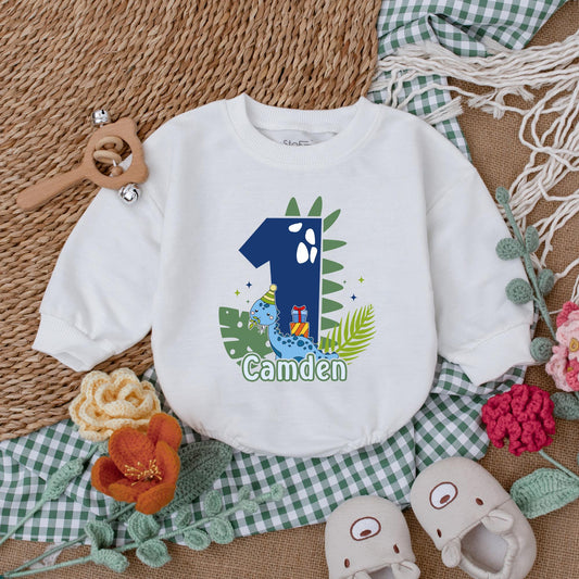 One-A-Saurus Personalized Dinosaur Birthday Romper for Baby Boy, 1st Birthday Outfit, Custom Golf Design Bubble Romper Gift