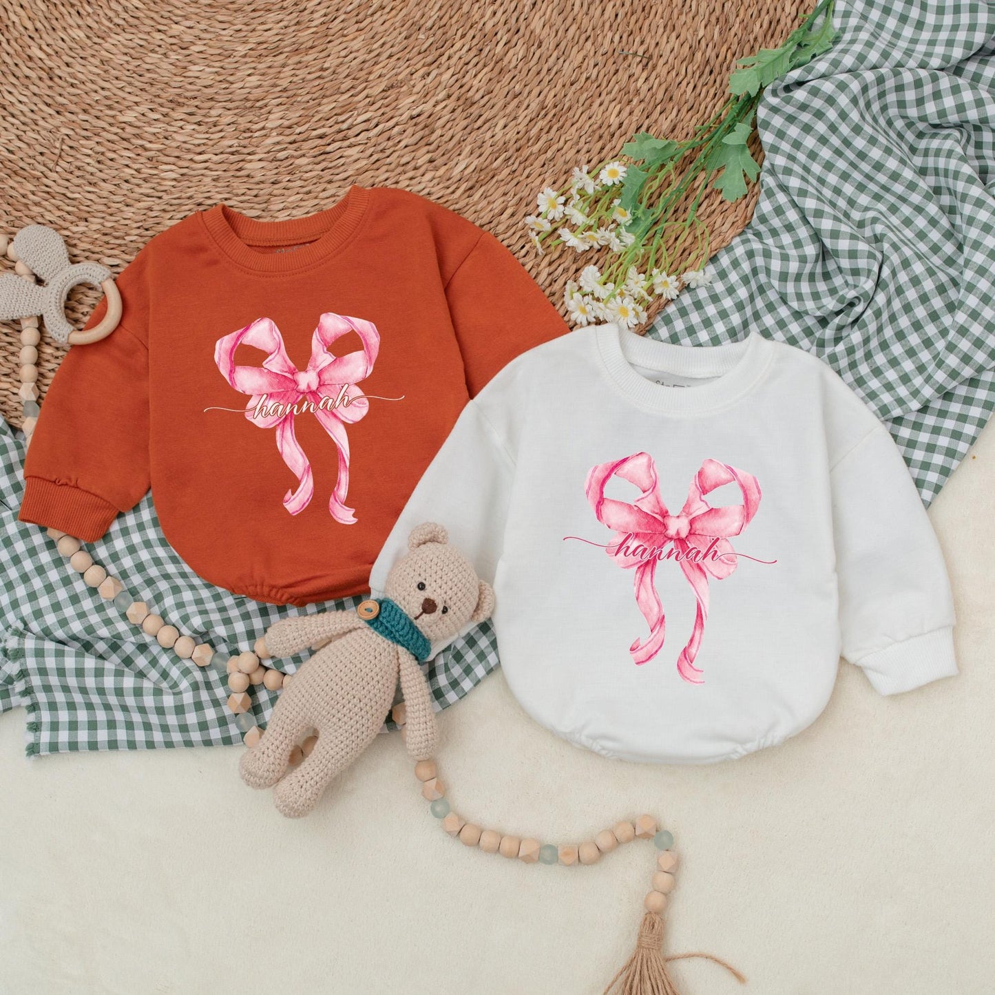 Personalized Pink Bow Baby Girl Romper Birthday Outfit Cute Pink Bodysuit Custom Name First Birthday Gift Soft Cotton Bubble Design