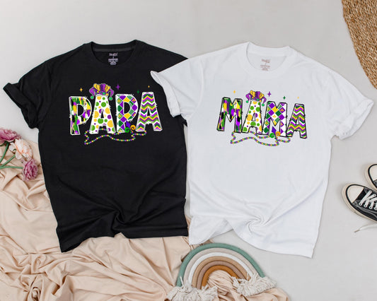 Personalized Mardi Gras Couple Matching Shirts with Festive Purple Green Yellow Jester Hat and Vibrant Patterned Letters Carnival Holiday Celebration