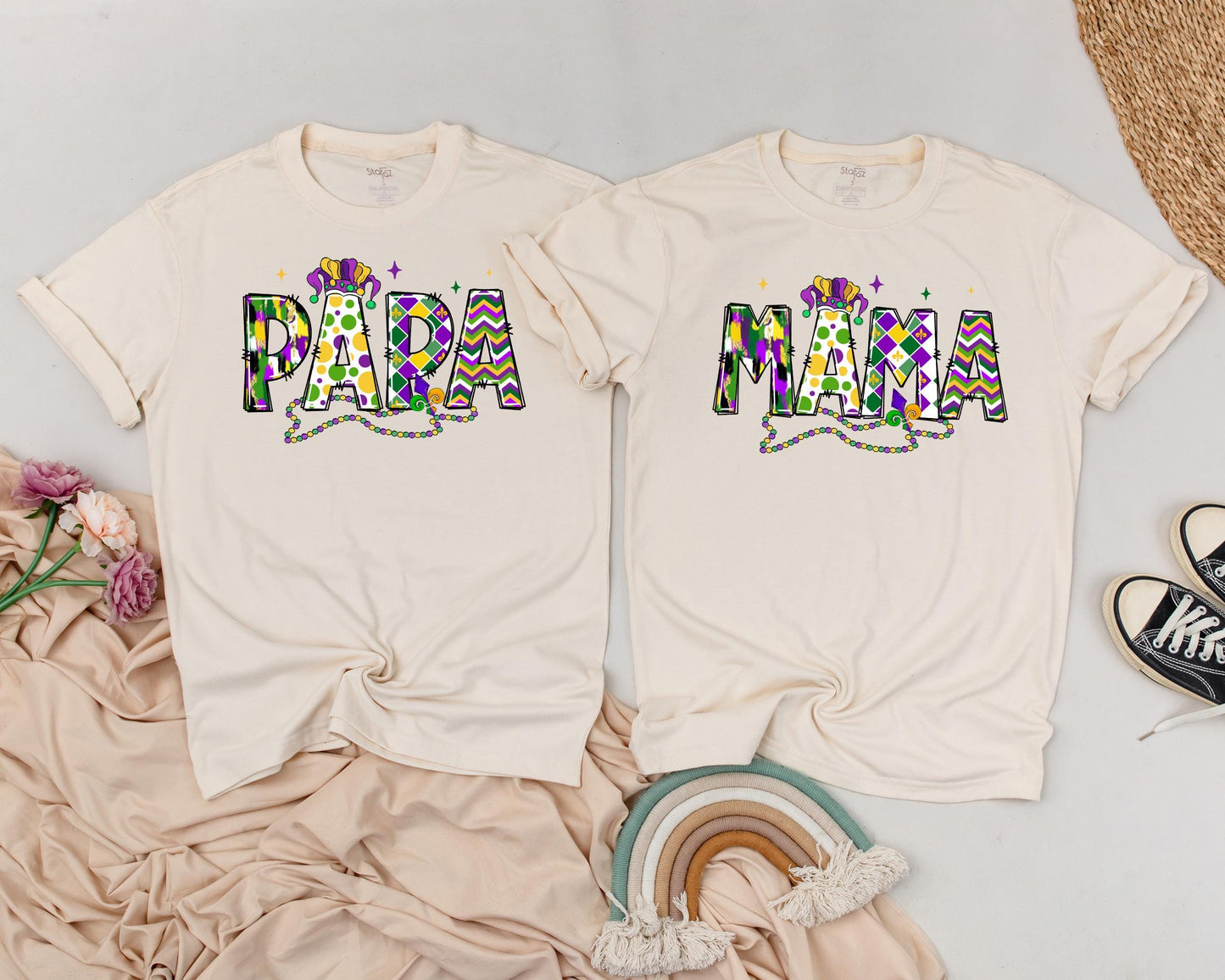Personalized Mardi Gras Couple Matching Shirts with Festive Purple Green Yellow Jester Hat and Vibrant Patterned Letters Carnival Holiday Celebration