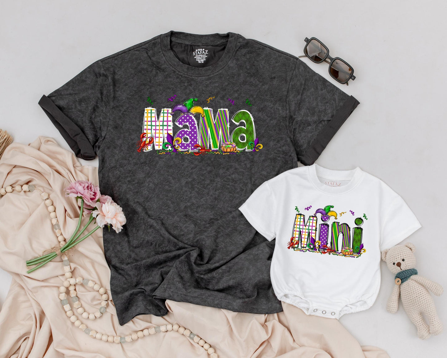 Matching Mama & Mini Mardi Gras Shirts: Personalized Fun for Mom & Girl! Festive Purple, Green & Gold Designs, Carnival Party Outfit