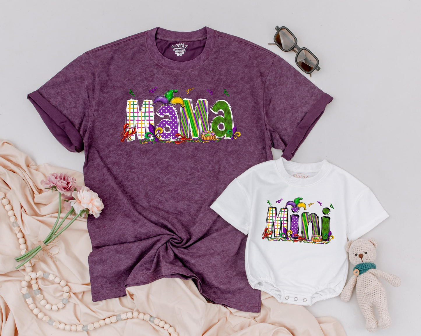 Matching Mama & Mini Mardi Gras Shirts: Personalized Fun for Mom & Girl! Festive Purple, Green & Gold Designs, Carnival Party Outfit