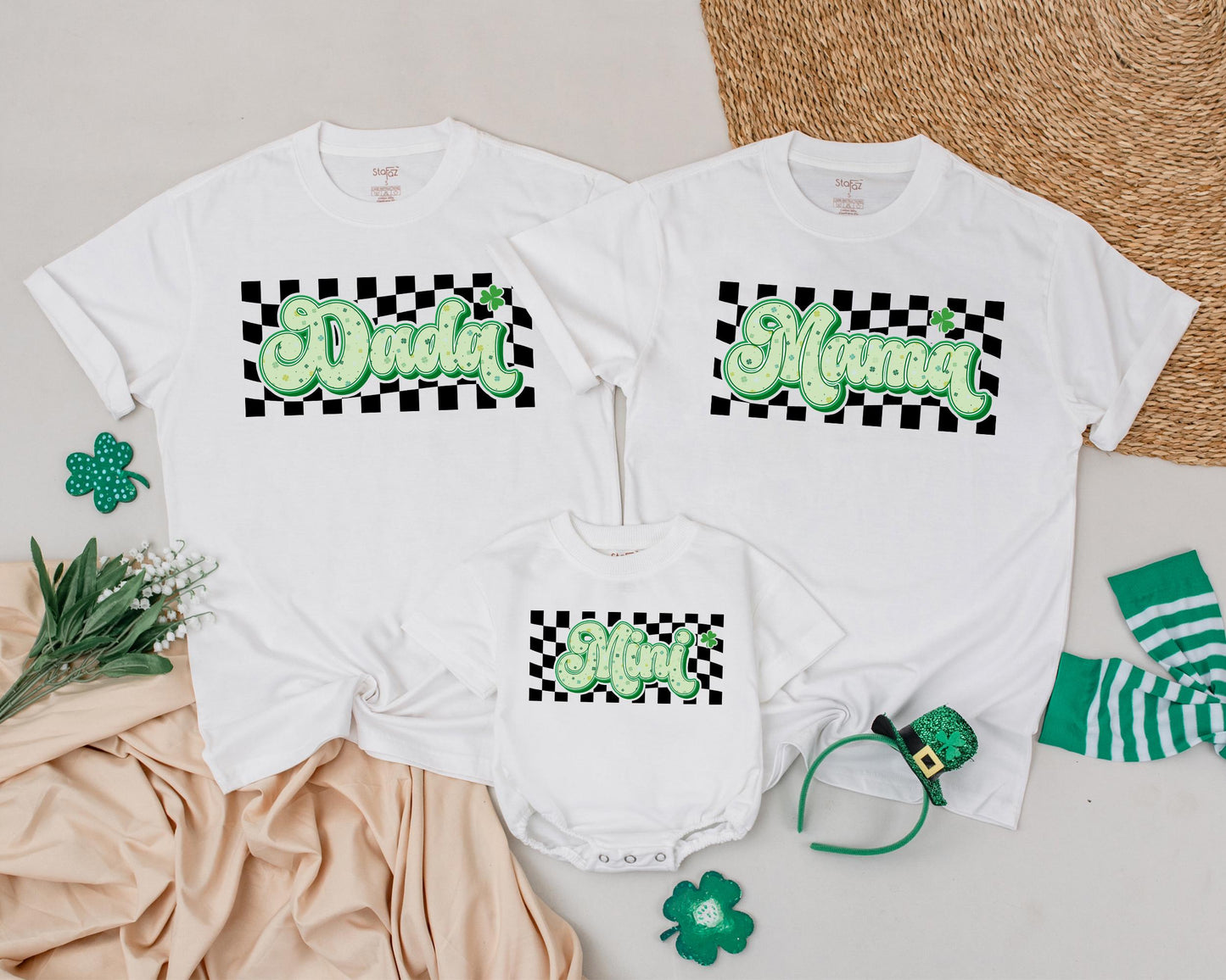Lucky Checkered Family Matching Shirts Daddy Mama Mini St Patricks Day Birthday Cute Shamrock Green Yellow Design Custom Name Gift