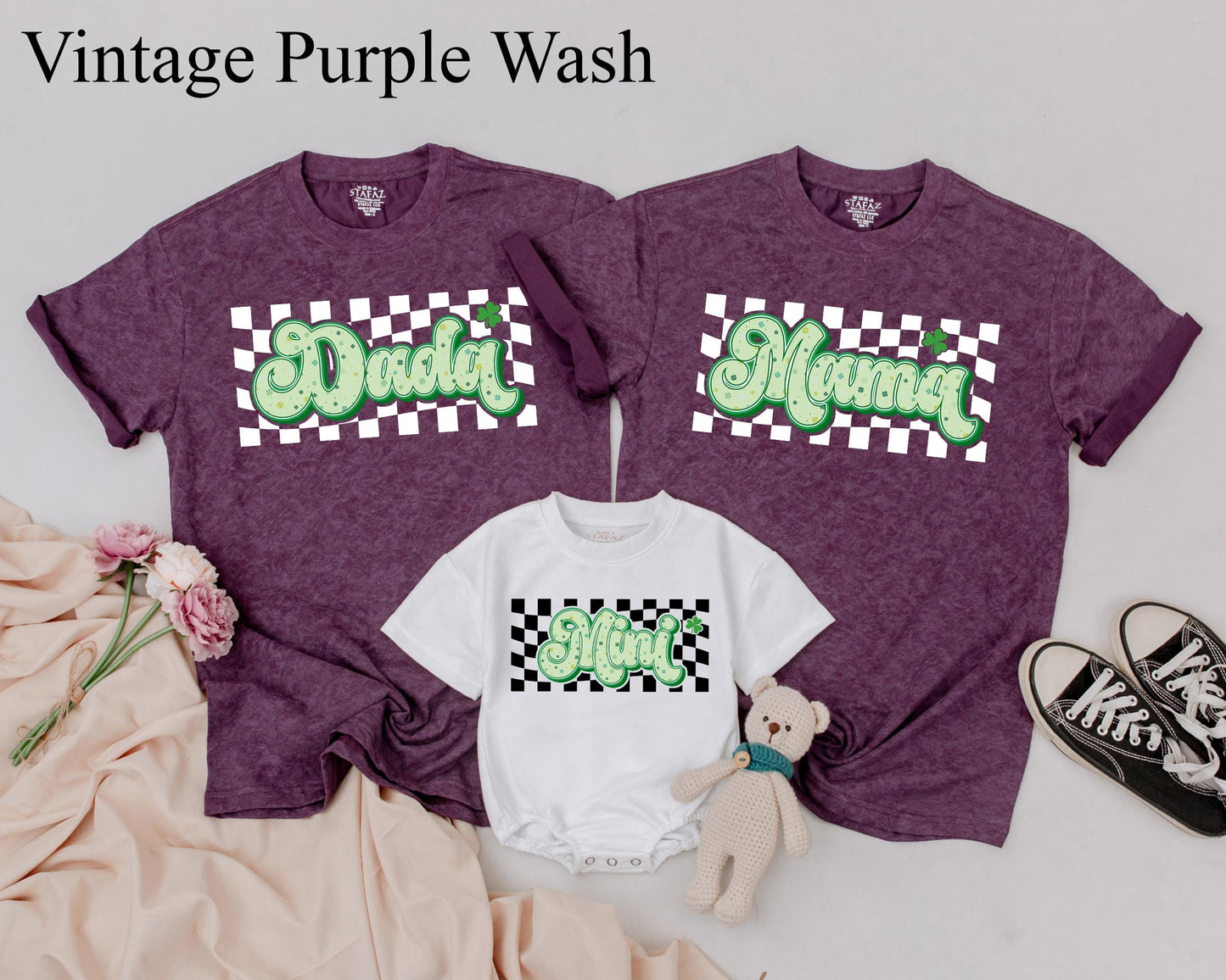 Lucky Checkered Family Matching Shirts Daddy Mama Mini St Patricks Day Birthday Cute Shamrock Green Yellow Design Custom Name Gift