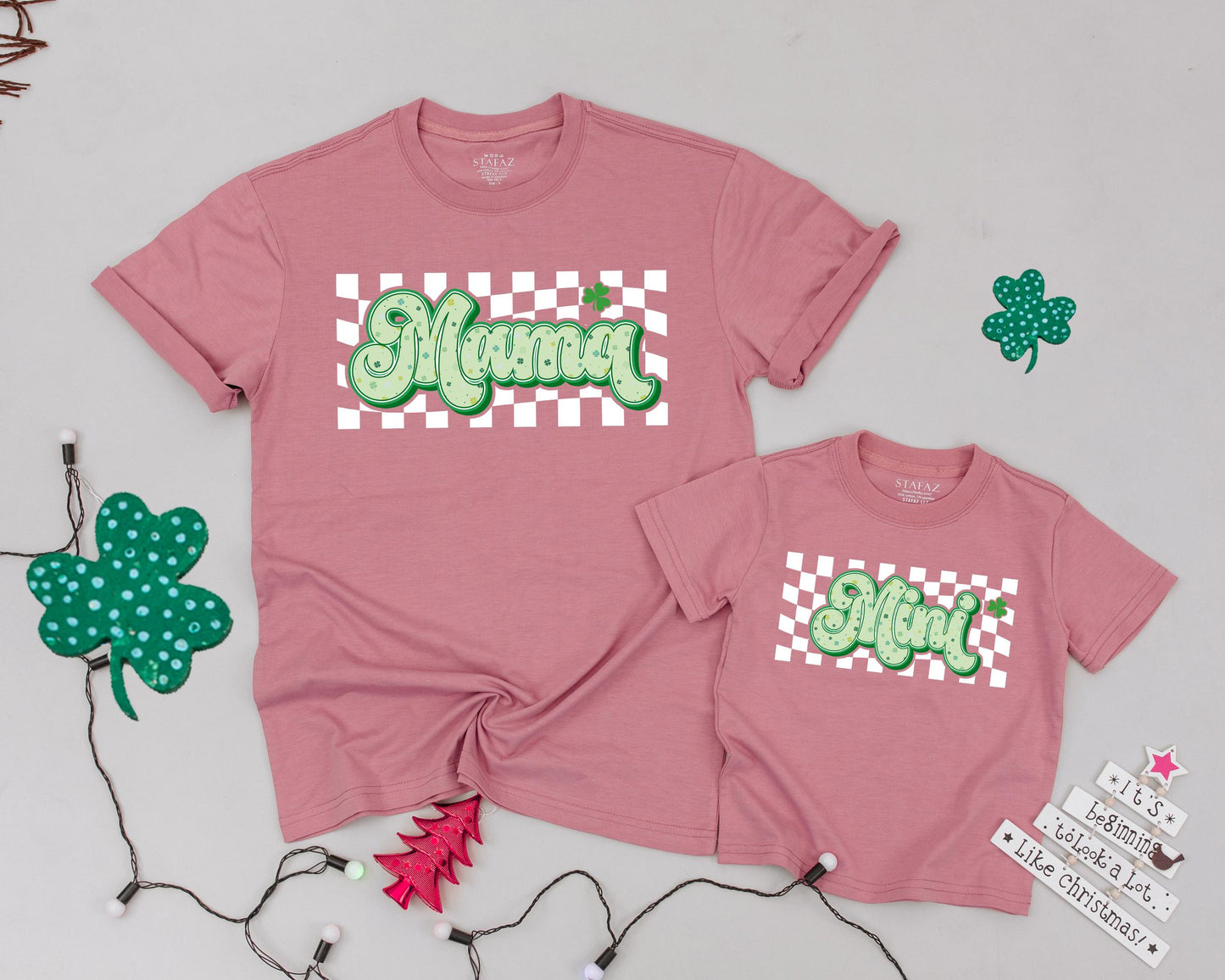 Lucky Checkered Family Matching Shirts Daddy Mama Mini St Patricks Day Birthday Cute Shamrock Green Yellow Design Custom Name Gift