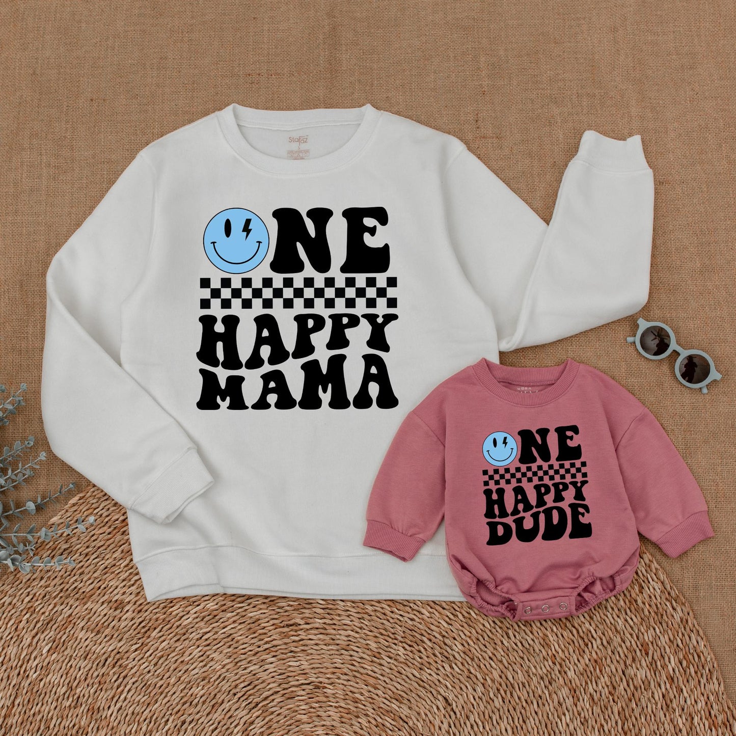 One Happy Dude Birthday Family Sweatshirt Blue Face Matching Outfit Cool Dude