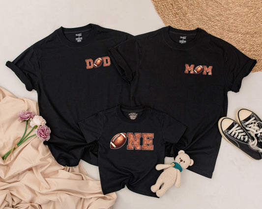 First Birthday Football Family Shirts Dad Mom One Birthday Boy Matching Outfits Brown Letters