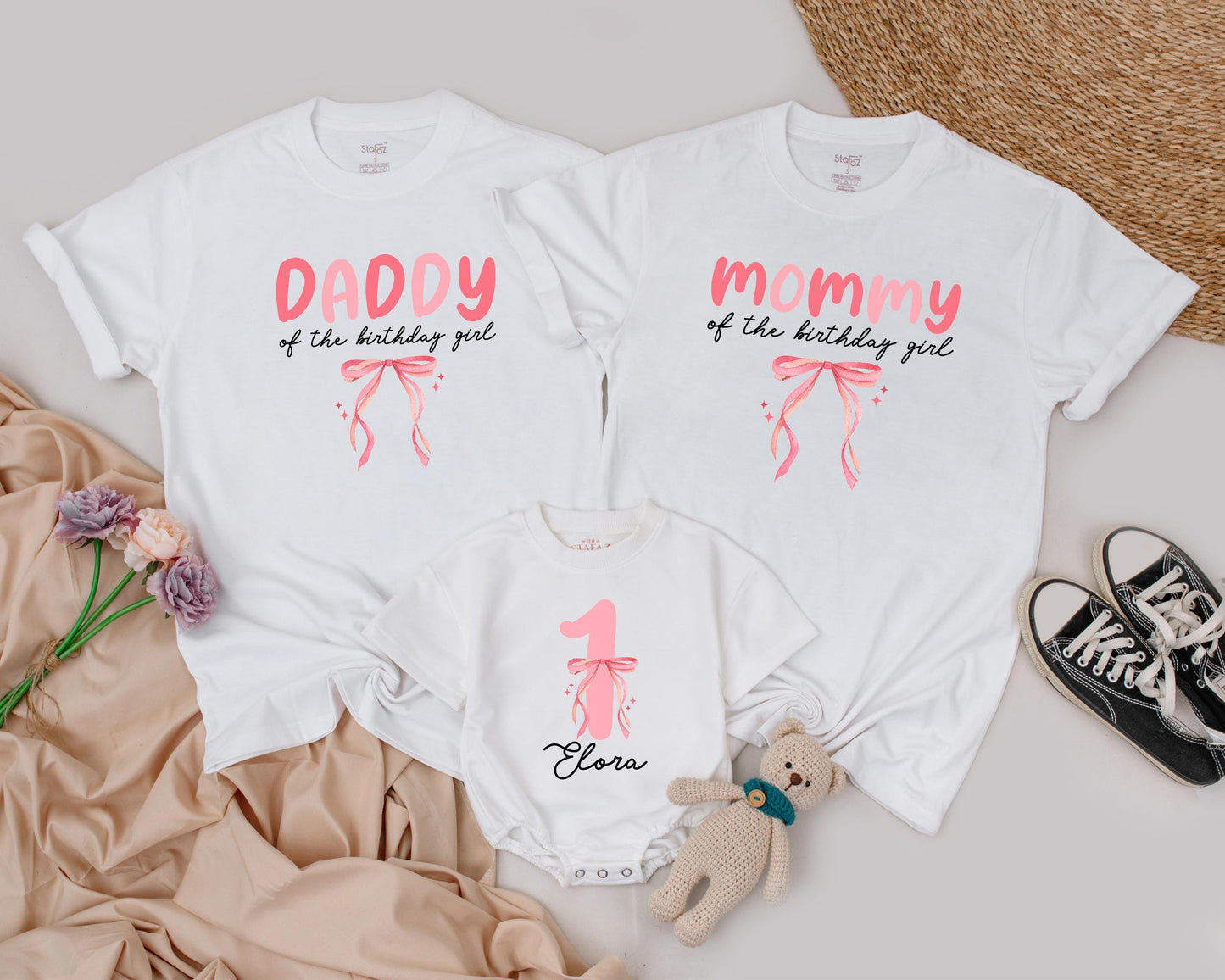 Pink Bow First Birthday Outfit for Girl, 1st Birthday Shirt, Matching Mom & Baby,