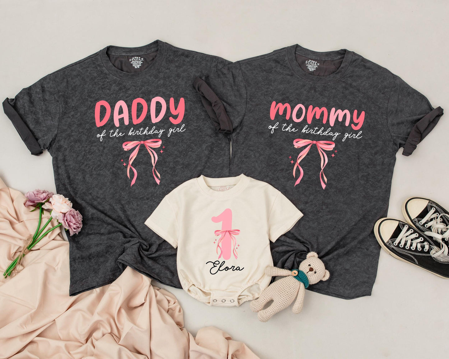 Pink Bow First Birthday Outfit for Girl, 1st Birthday Shirt, Matching Mom & Baby,