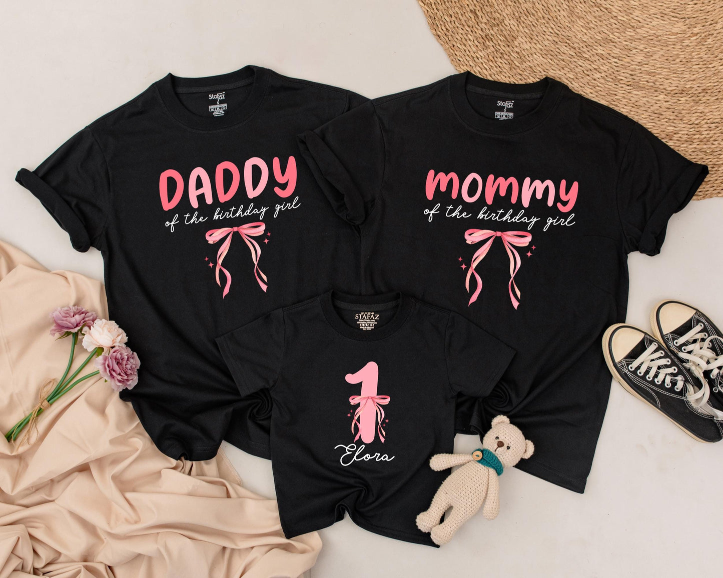 Pink Bow First Birthday Outfit for Girl, 1st Birthday Shirt, Matching Mom & Baby,