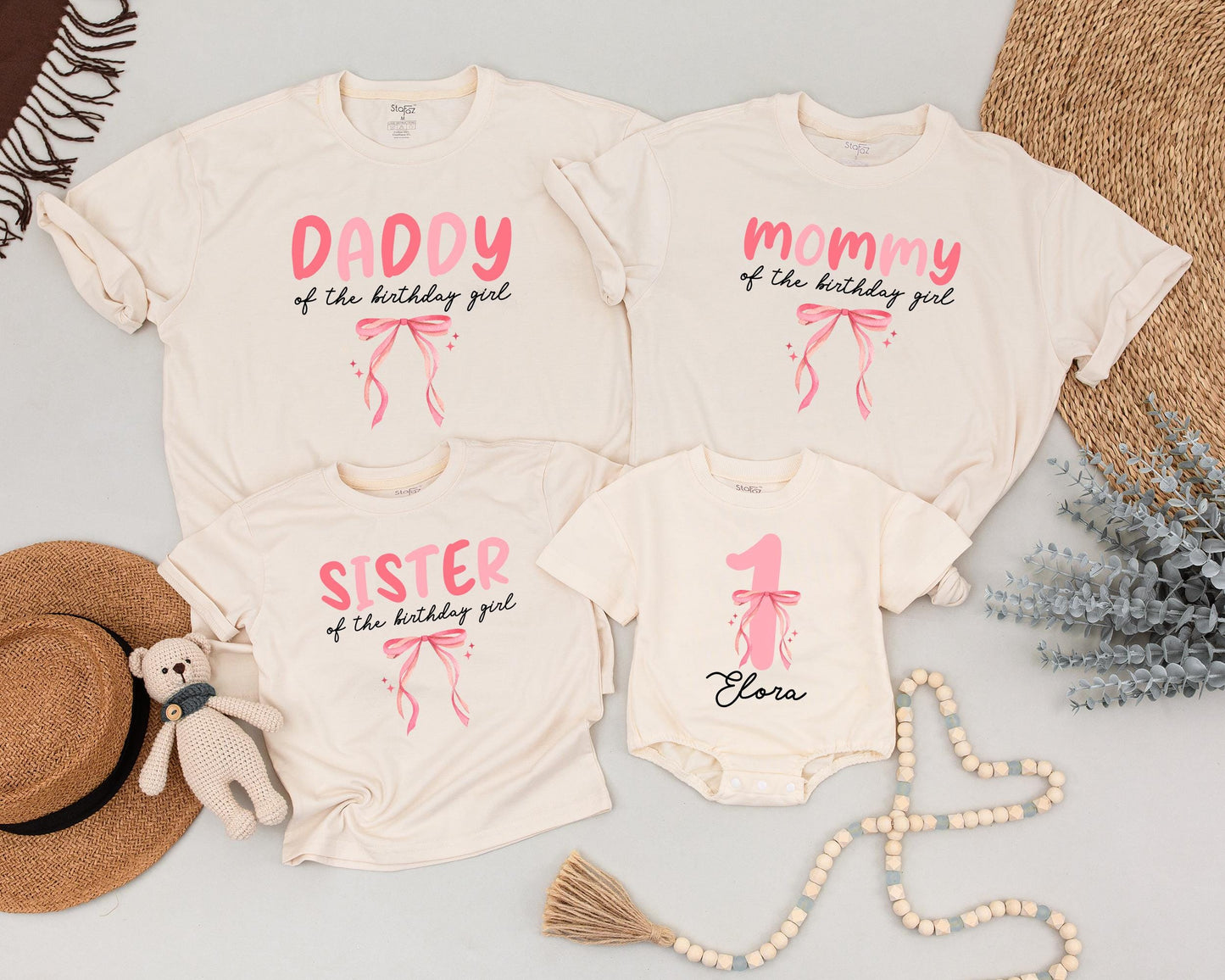 Pink Bow First Birthday Outfit for Girl, 1st Birthday Shirt, Matching Mom & Baby,