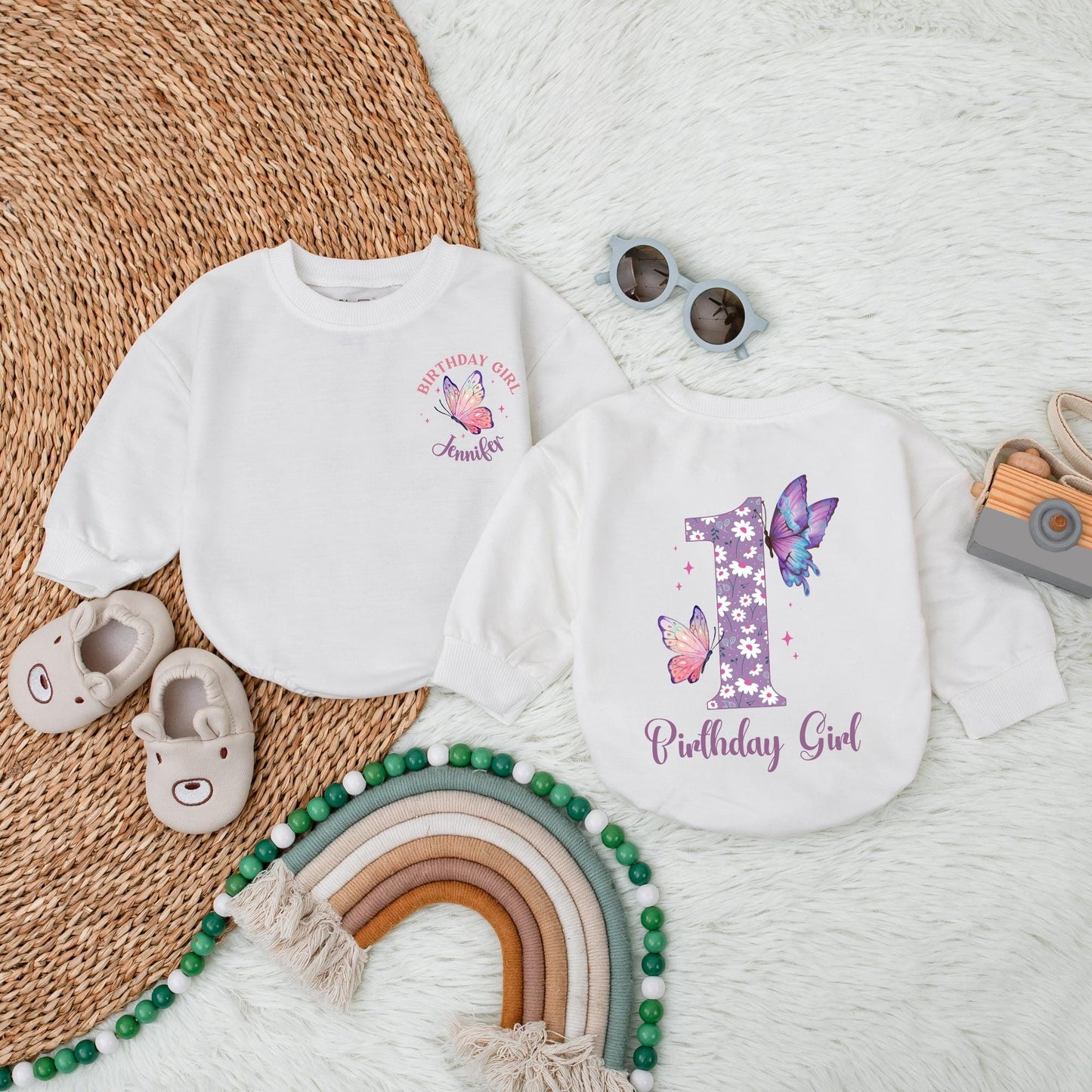 Butterfly Girl 1st Birthday Bubble Romper Personalized Purple Butterfly Design Baby Girl Outfit First Birthday Gift