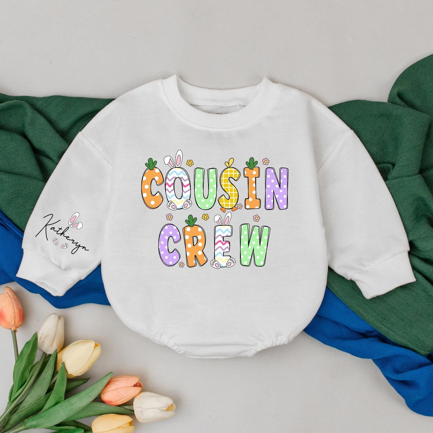 Playful Cousin Crew Easter Romper Personalized with Katheryn Name Floral Bunny Accents Matching Baby Outfit